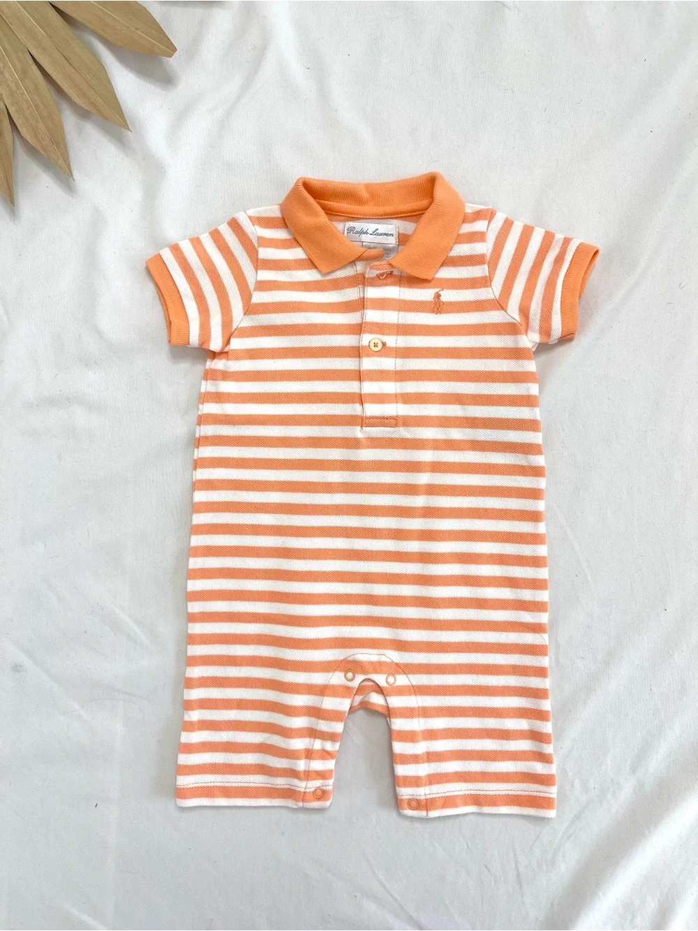 Ralph Lauren Orange White Striped Cotton Polo Short Sleeve Button Up Onesie 9M